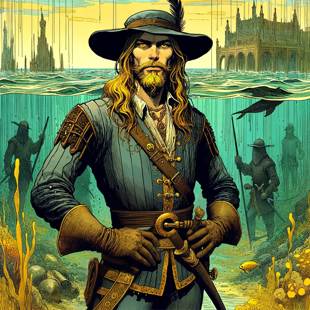 Rugged Pirate Captain with Submerged Ruins Background