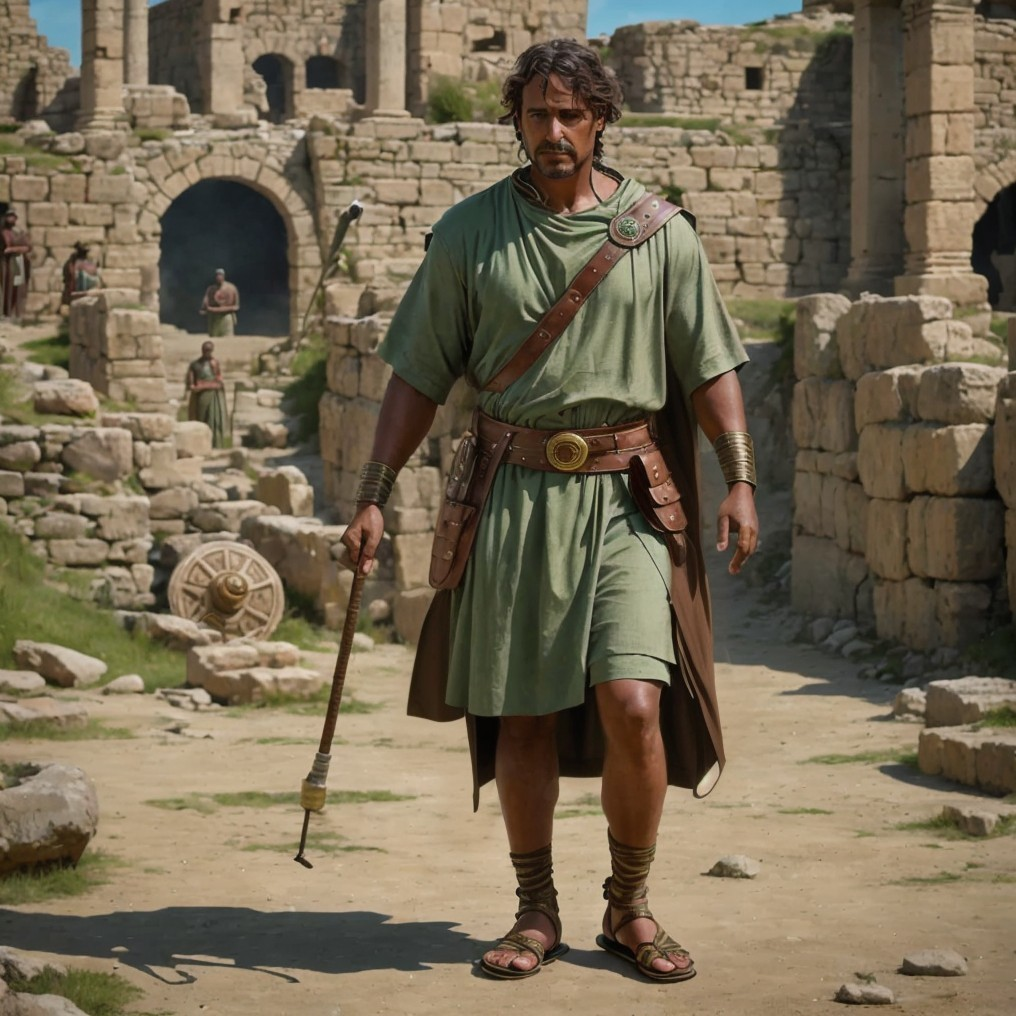 Muscular Warrior in Ancient Ruins with Staff and Cloak