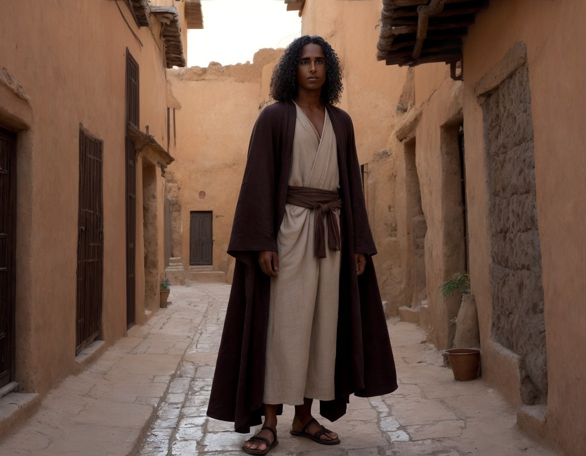 Figure in Sunlit Alley of Ancient Village