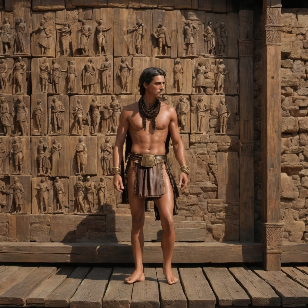 Muscular Figure in Loincloth Against Carved Stone Wall