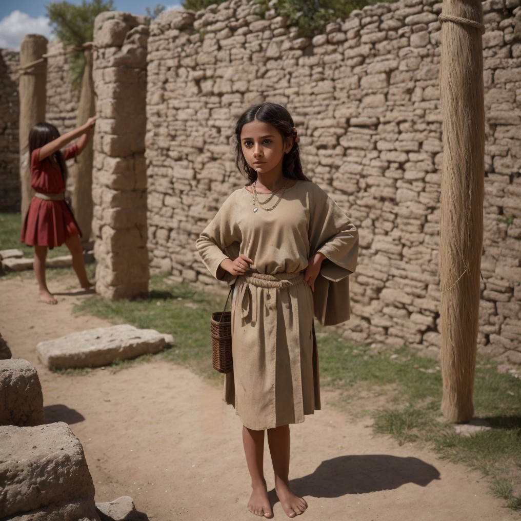Young Girl in Ancient Village with Playful Child Nearby