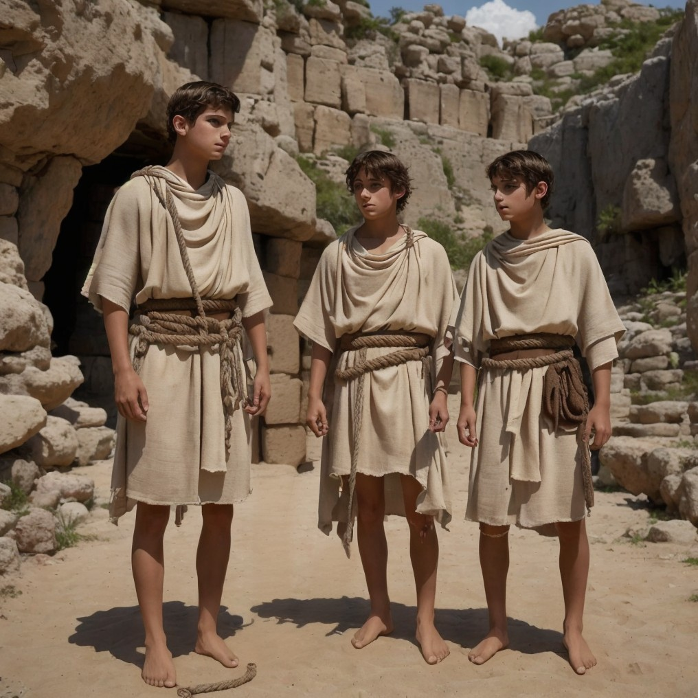 Boys in Tunics in Rocky Outdoor Adventure Setting