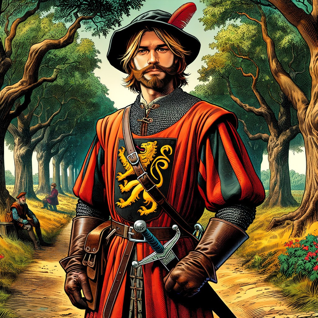 Confident Man in Red Tunic in Lush Forest Scene
