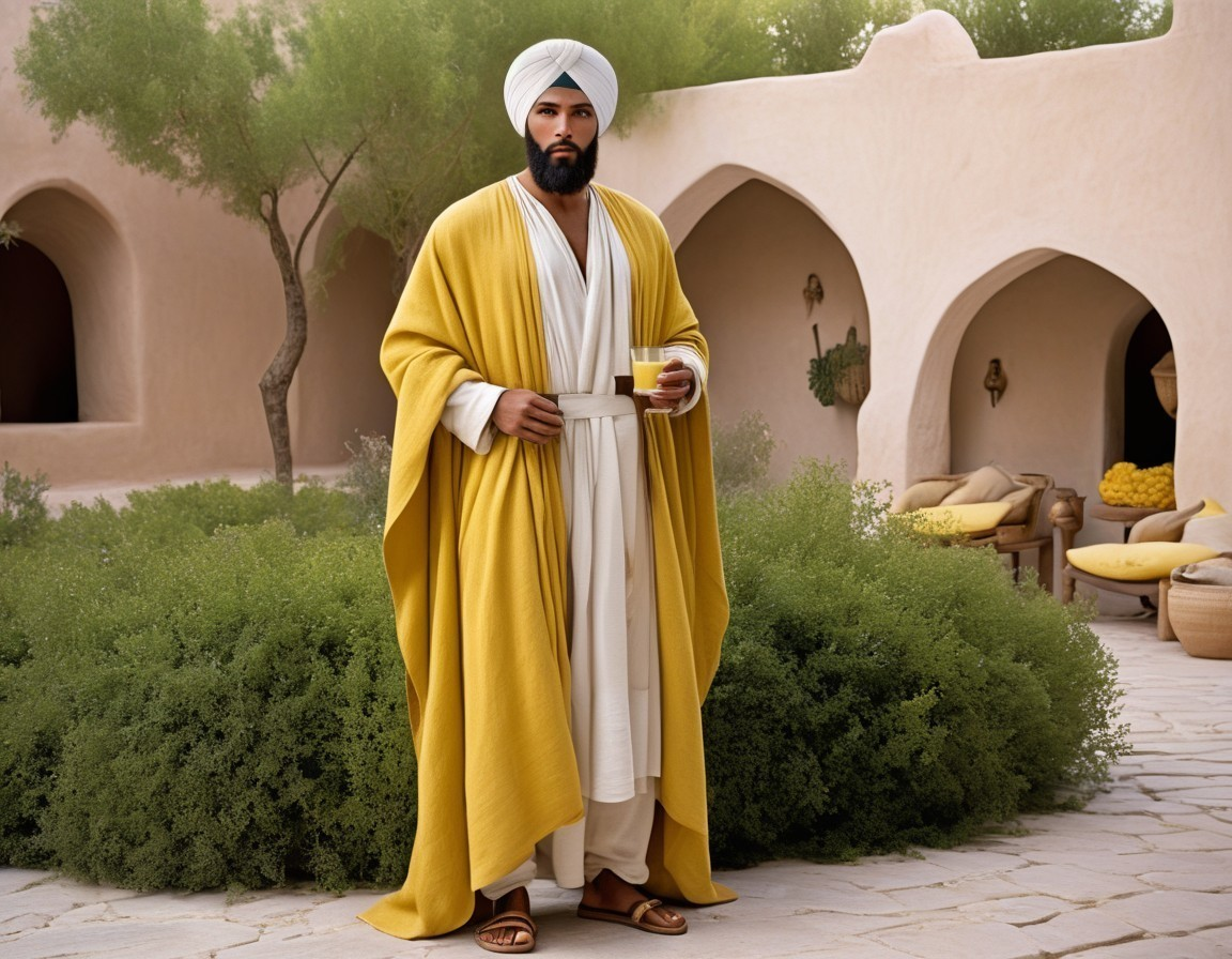 Confident Figure in Yellow Robe in Serene Garden