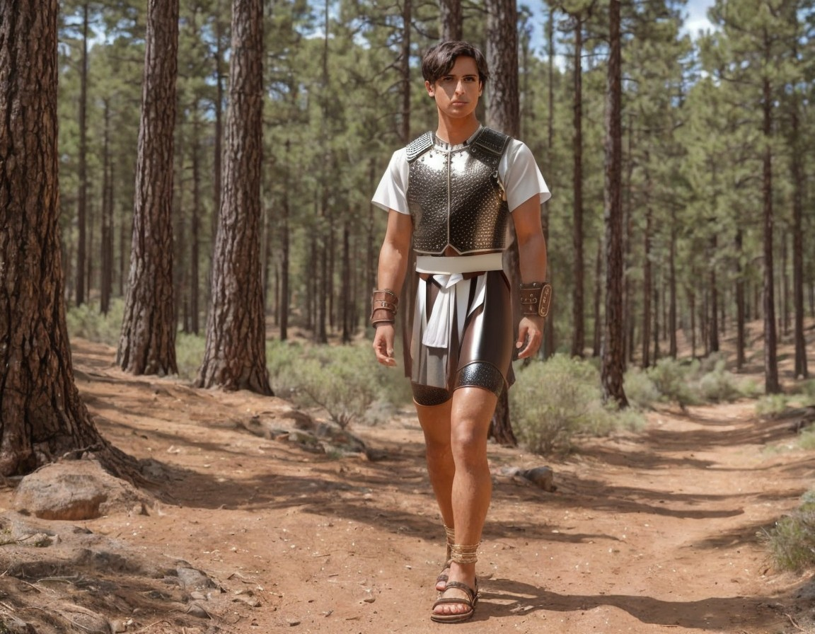 Ancient Warrior Outfit on Forest Path with Pine Trees