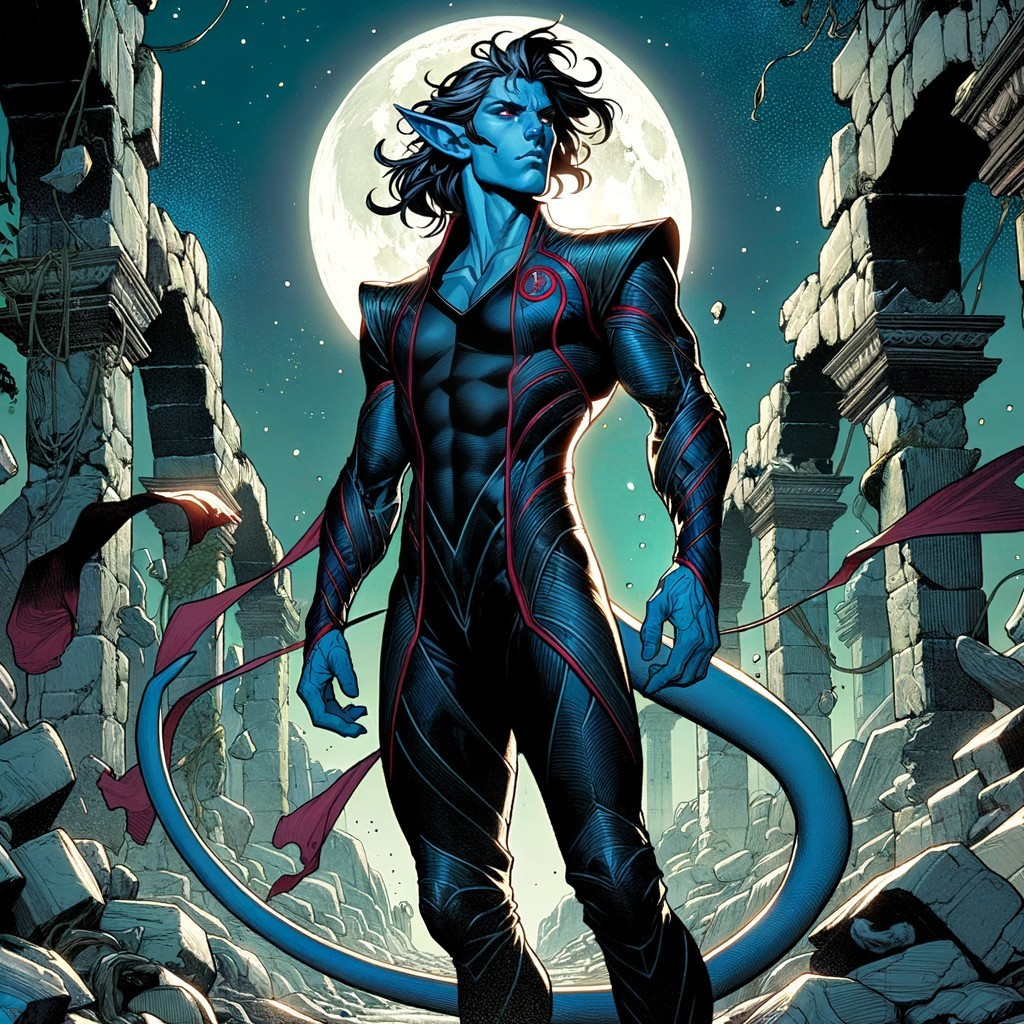 Blue-skinned figure in ancient ruins under full moon