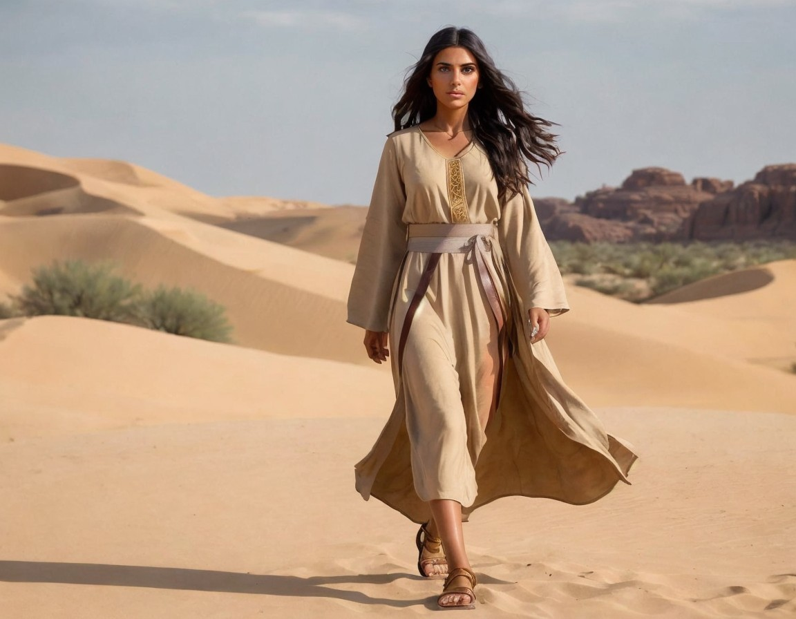 Woman in Beige Robe in Expansive Desert Landscape