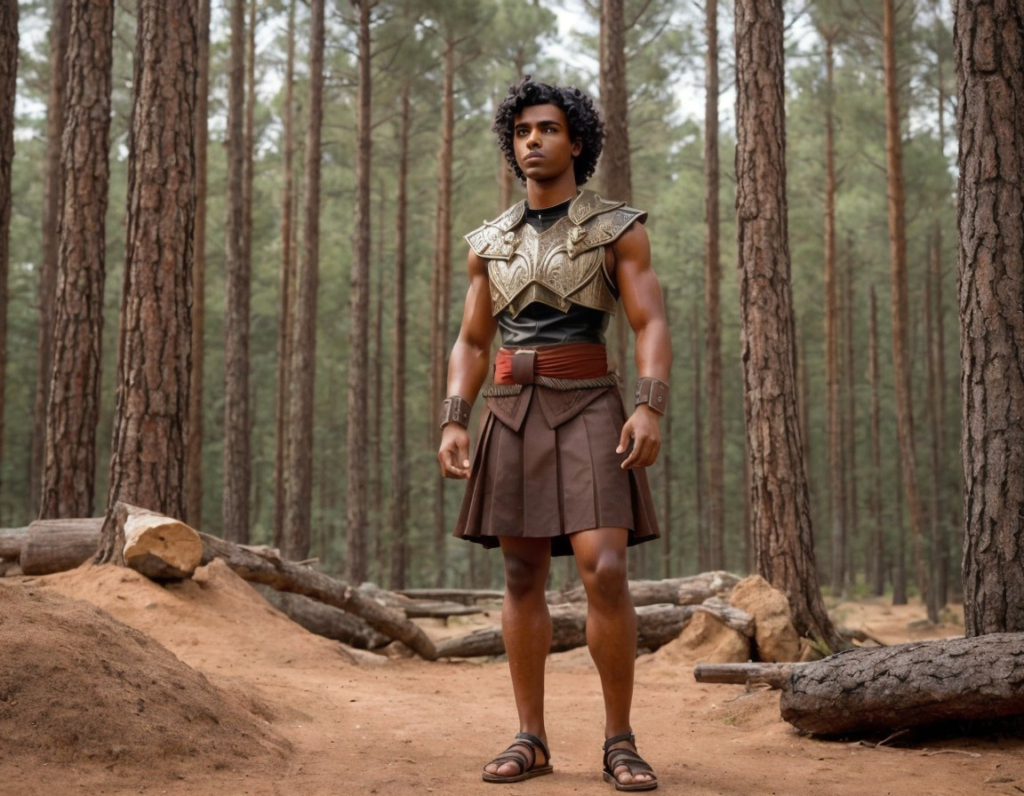 Young Warrior in Forest with Bronze Armor and Skirt