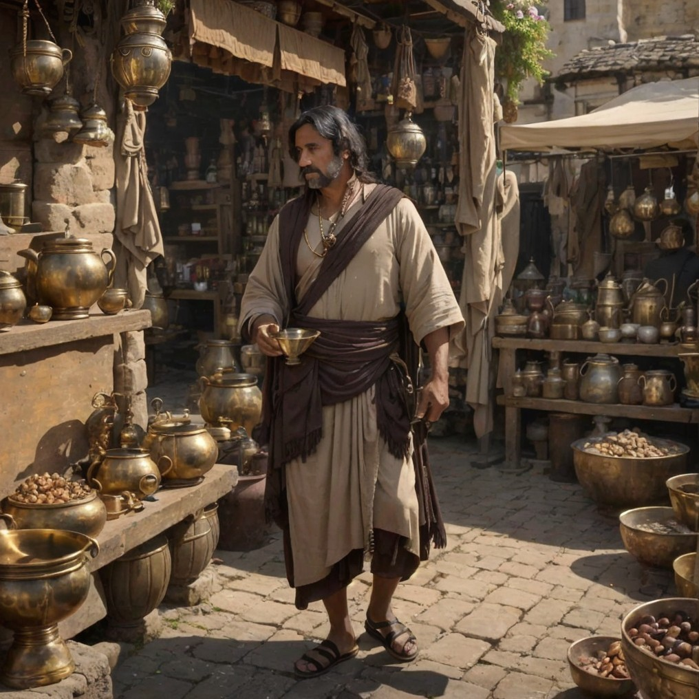 Traditional Marketplace Scene with Brass Goods and Textiles