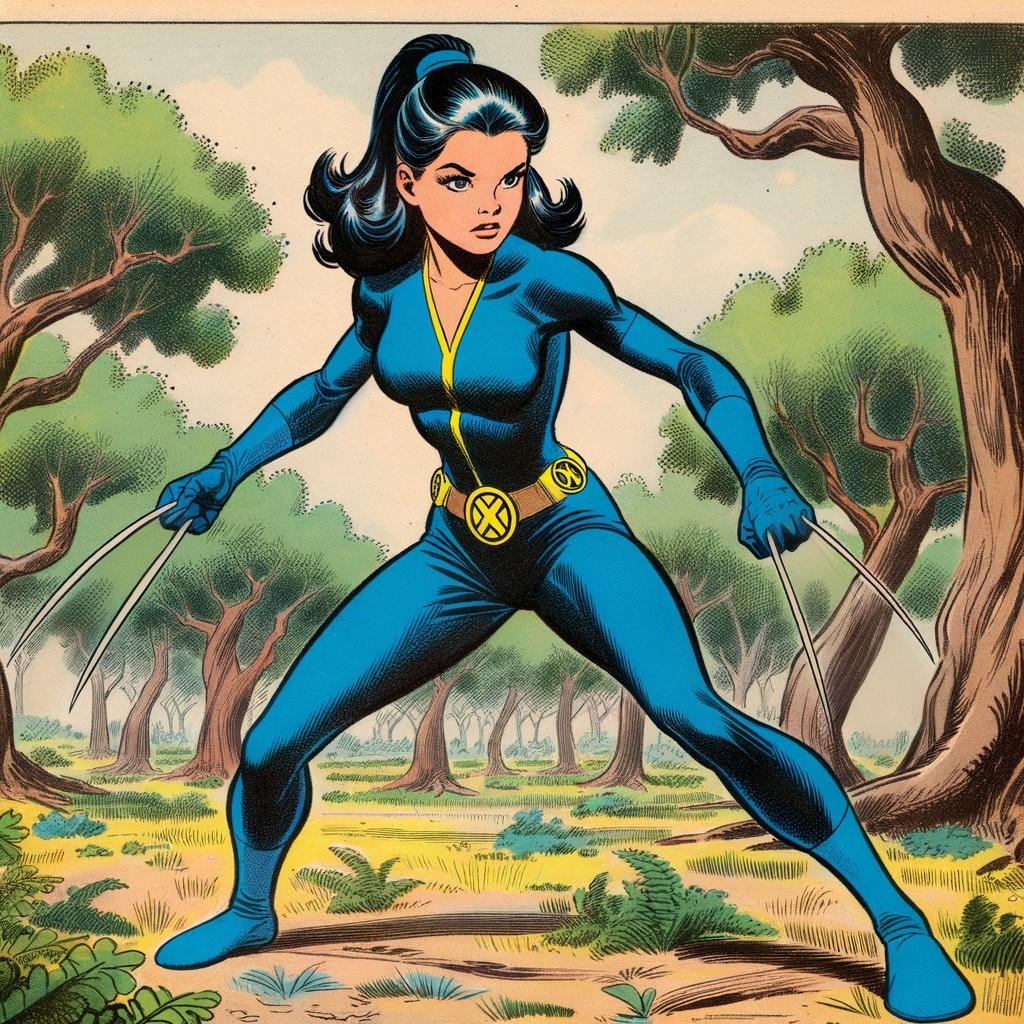Female superhero in blue suit in wooded setting