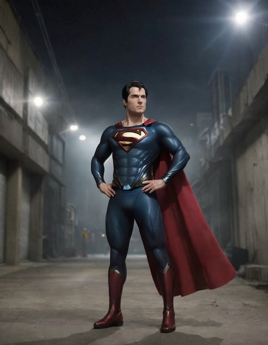 Heroic Figure in Blue Costume in Dimly Lit Alley