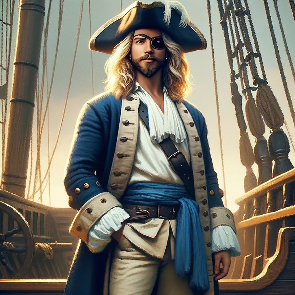 Charismatic pirate in navy coat aboard a ship