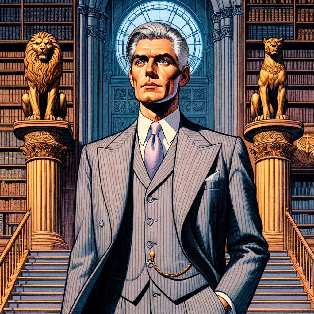 Confident Man in Pinstriped Suit in Grand Library