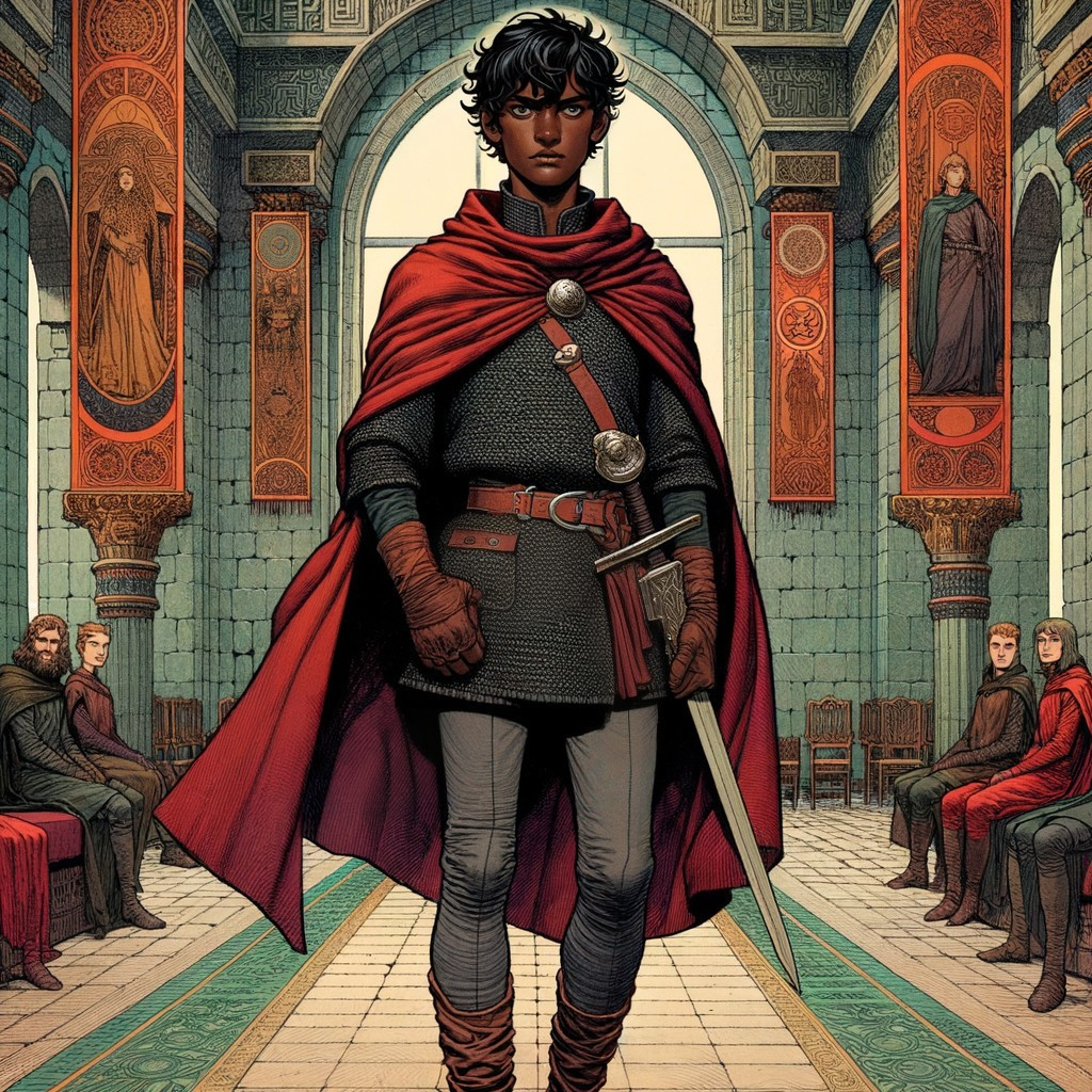 Young Warrior in Ornate Hall with Intricate Mosaics