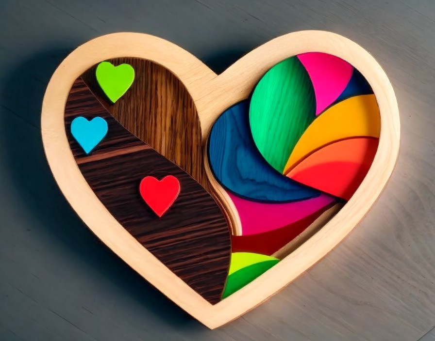 Heart-Shaped Wooden Box with Colorful Compartments