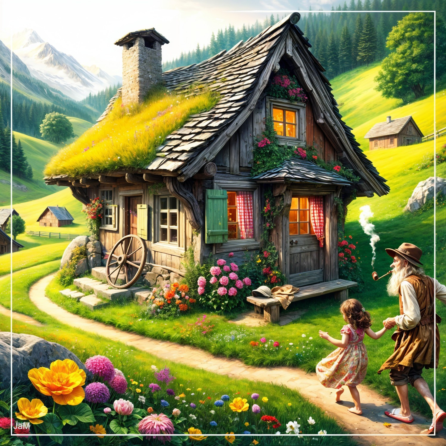 Whimsical Cottage Surrounded by Lush Greenery and Flowers