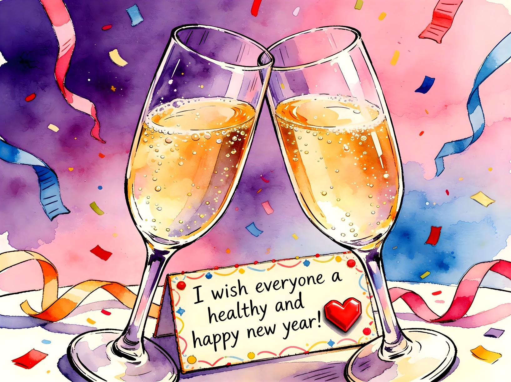 Watercolor Painting of Clinking Champagne Glasses