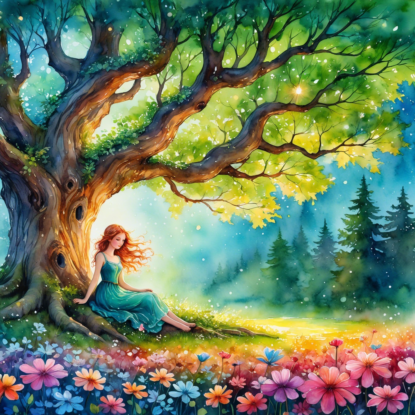 Serene young woman in teal dress by majestic tree