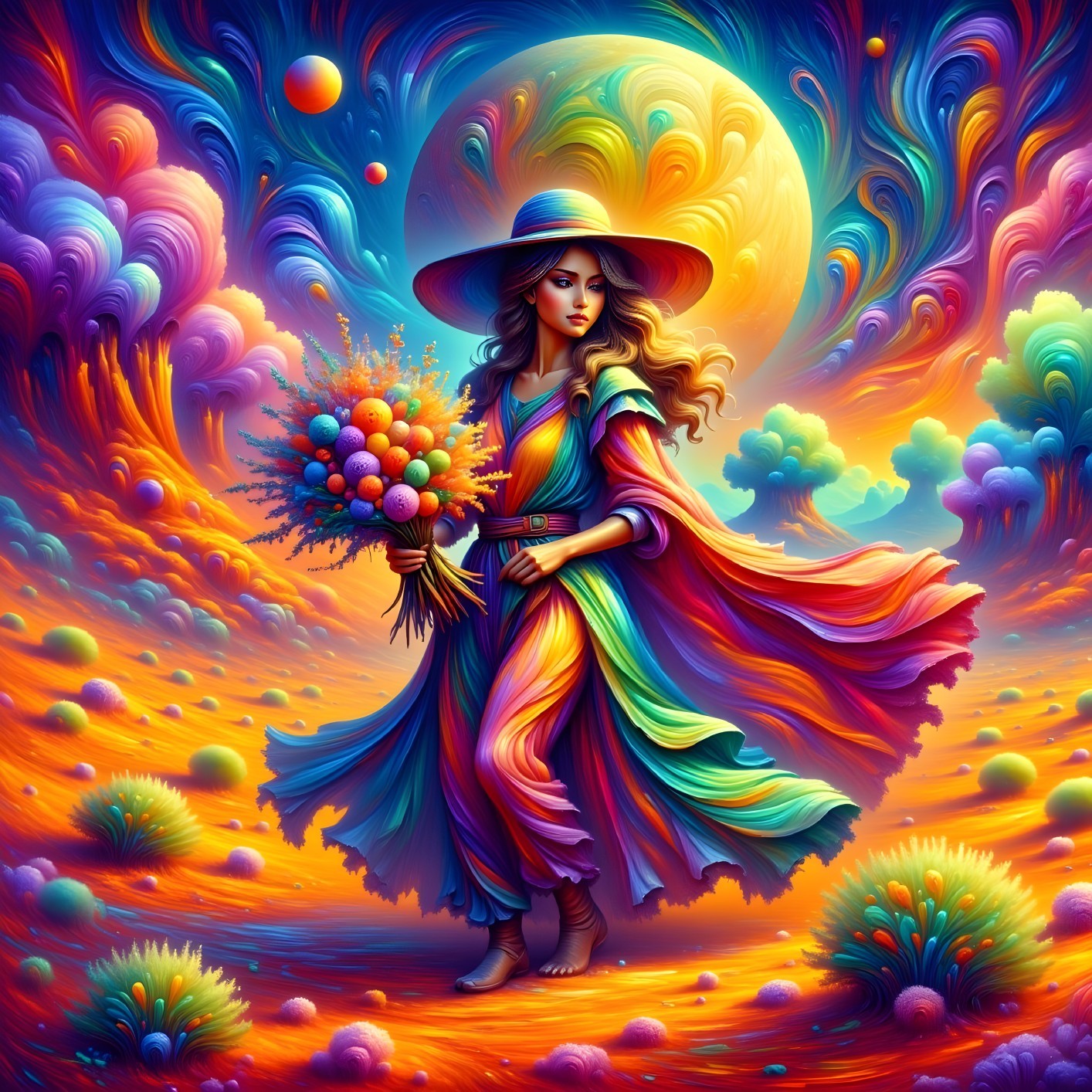 Young Woman in Rainbow Dress in Dreamlike Landscape