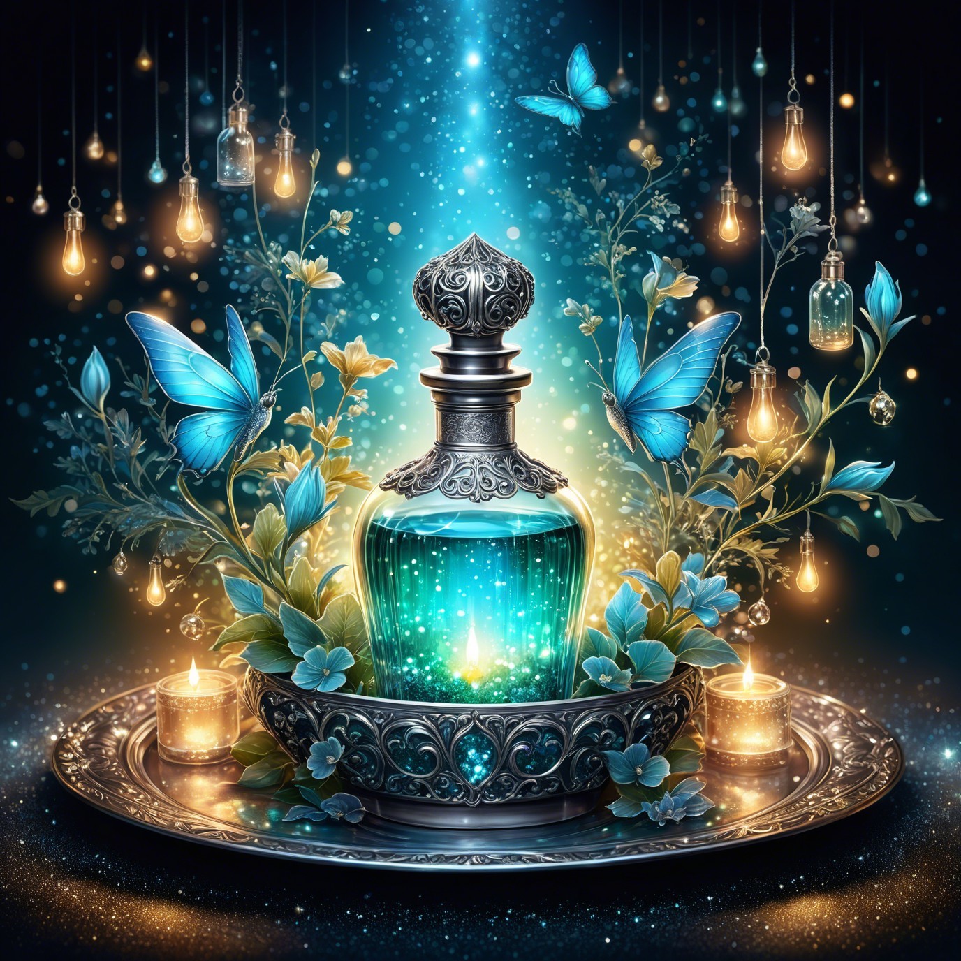 Ornate glass bottle with turquoise liquid and butterflies