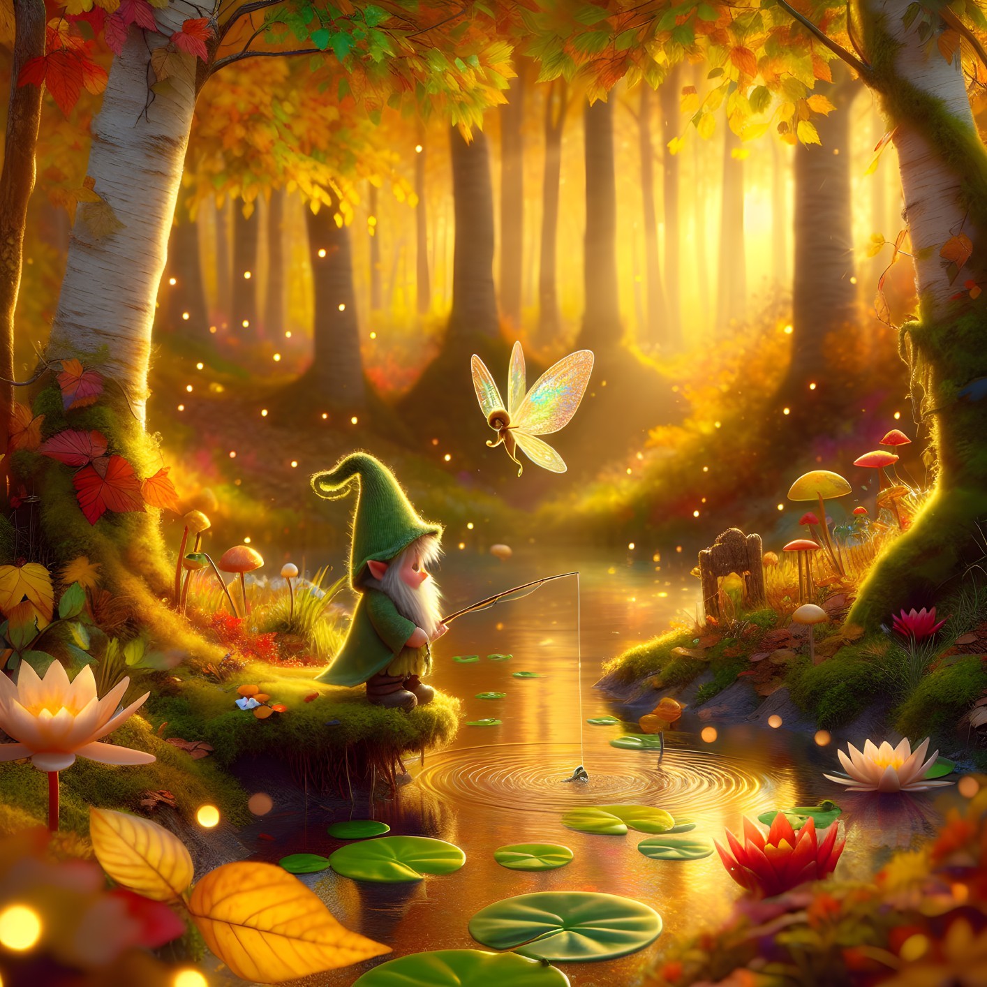 Magical Forest Scene with Gnome and Fairy at Sunset