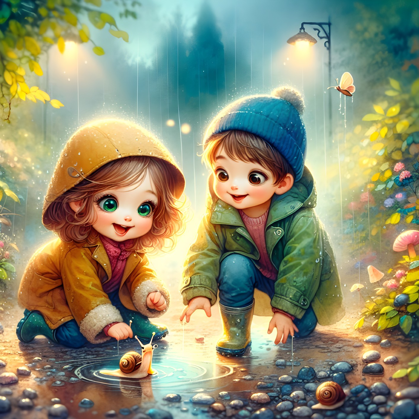 Children in Raincoats Discover Snail in Forest Puddle