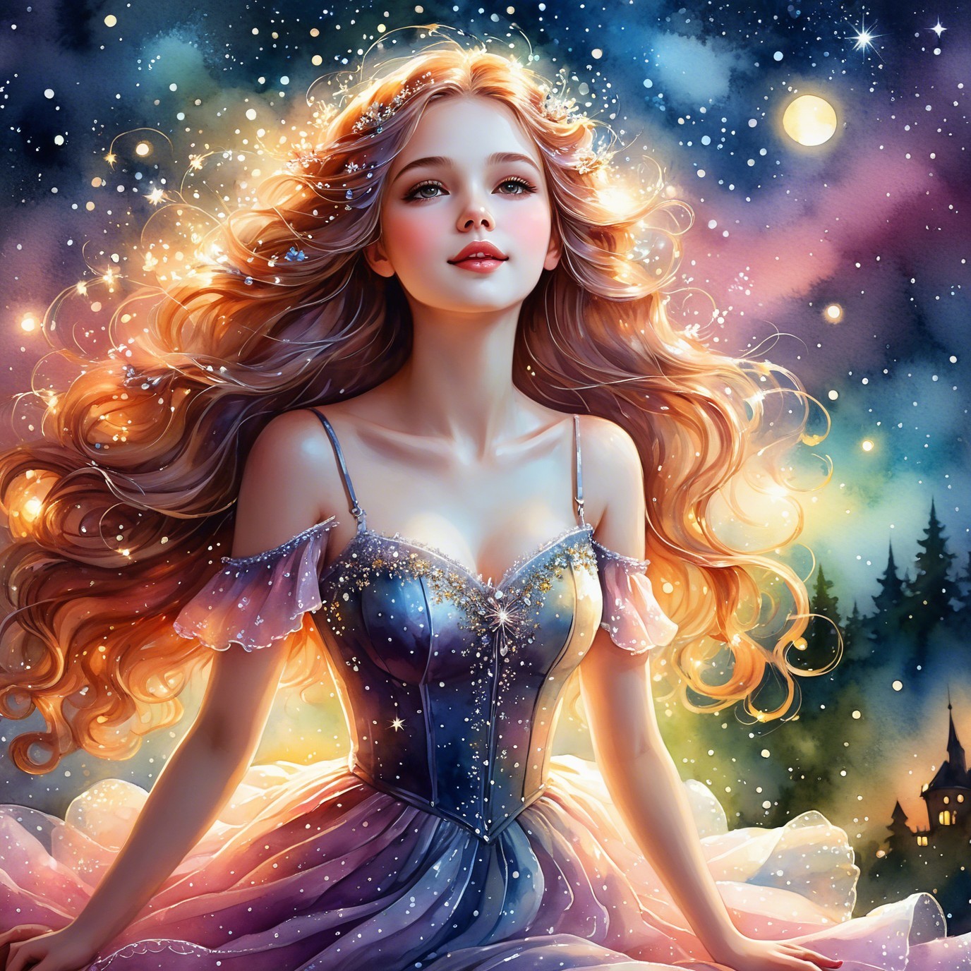 Ethereal Young Woman in a Magical Night Sky