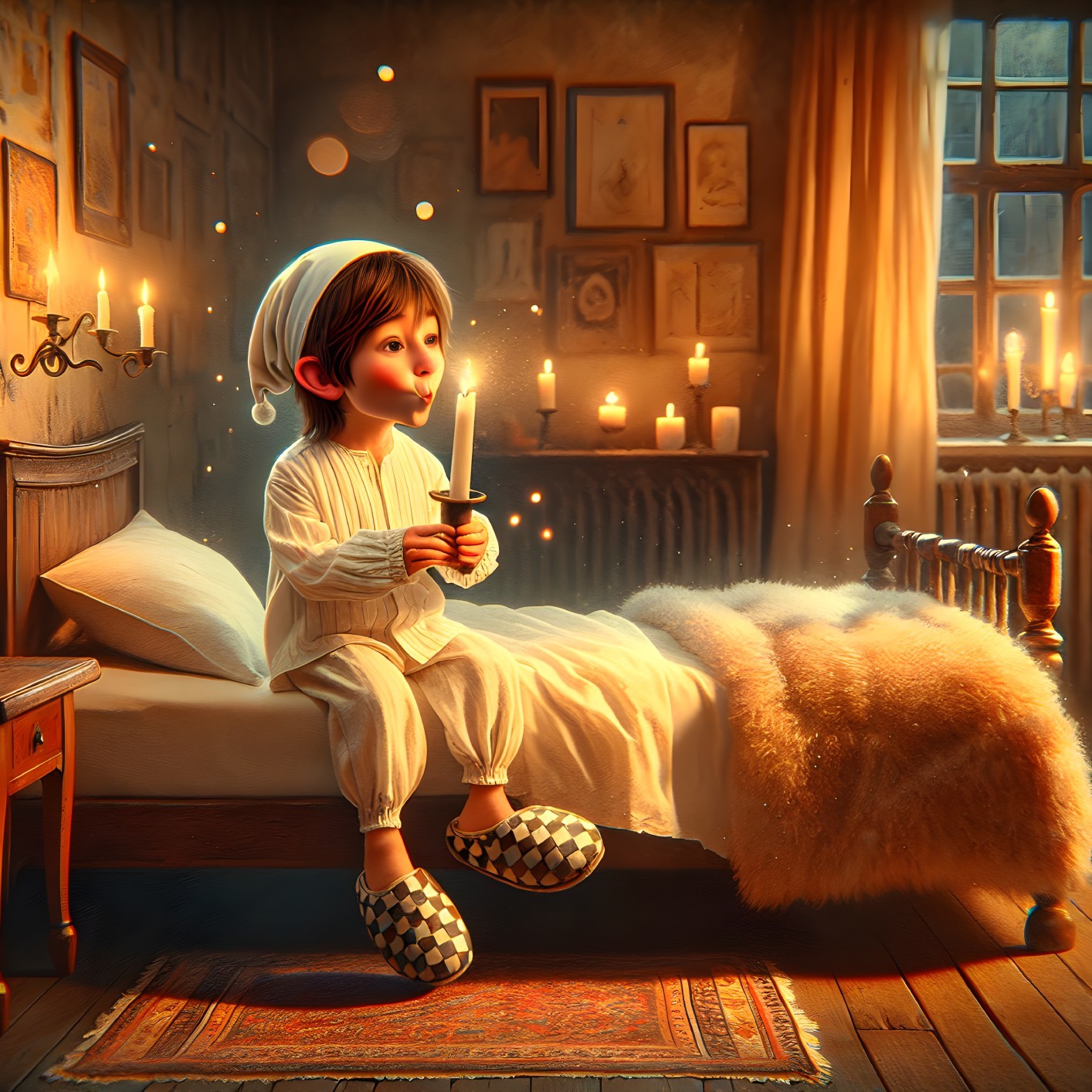Child in Pajamas Holding Candle in Cozy Bedroom