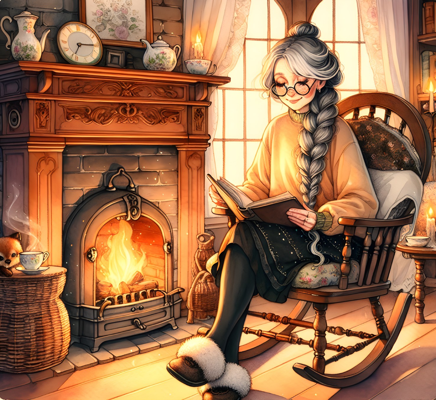 Elderly Woman Reading by a Cozy Fireplace