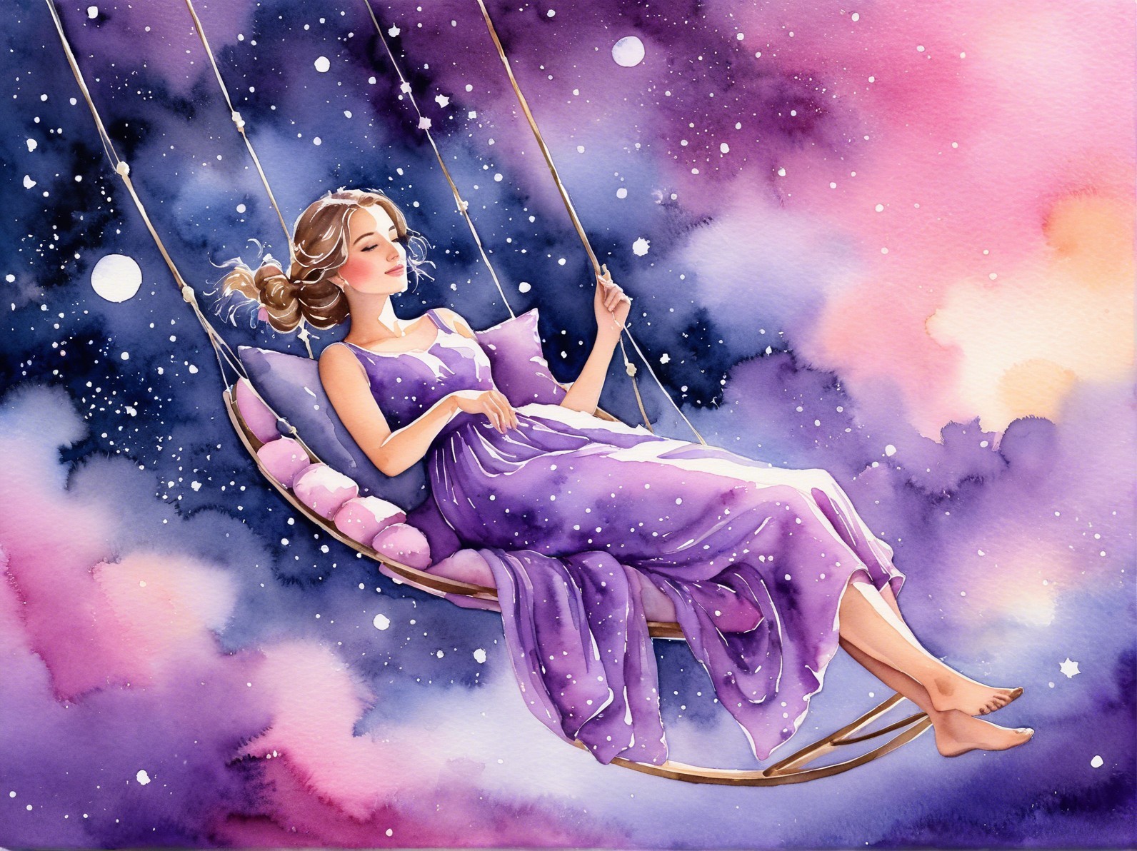 Serene Woman in Purple Dress Under Starry Sky