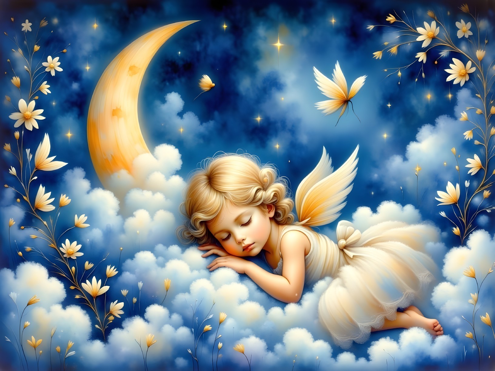 Serene Night Scene with Child Among Clouds and Stars