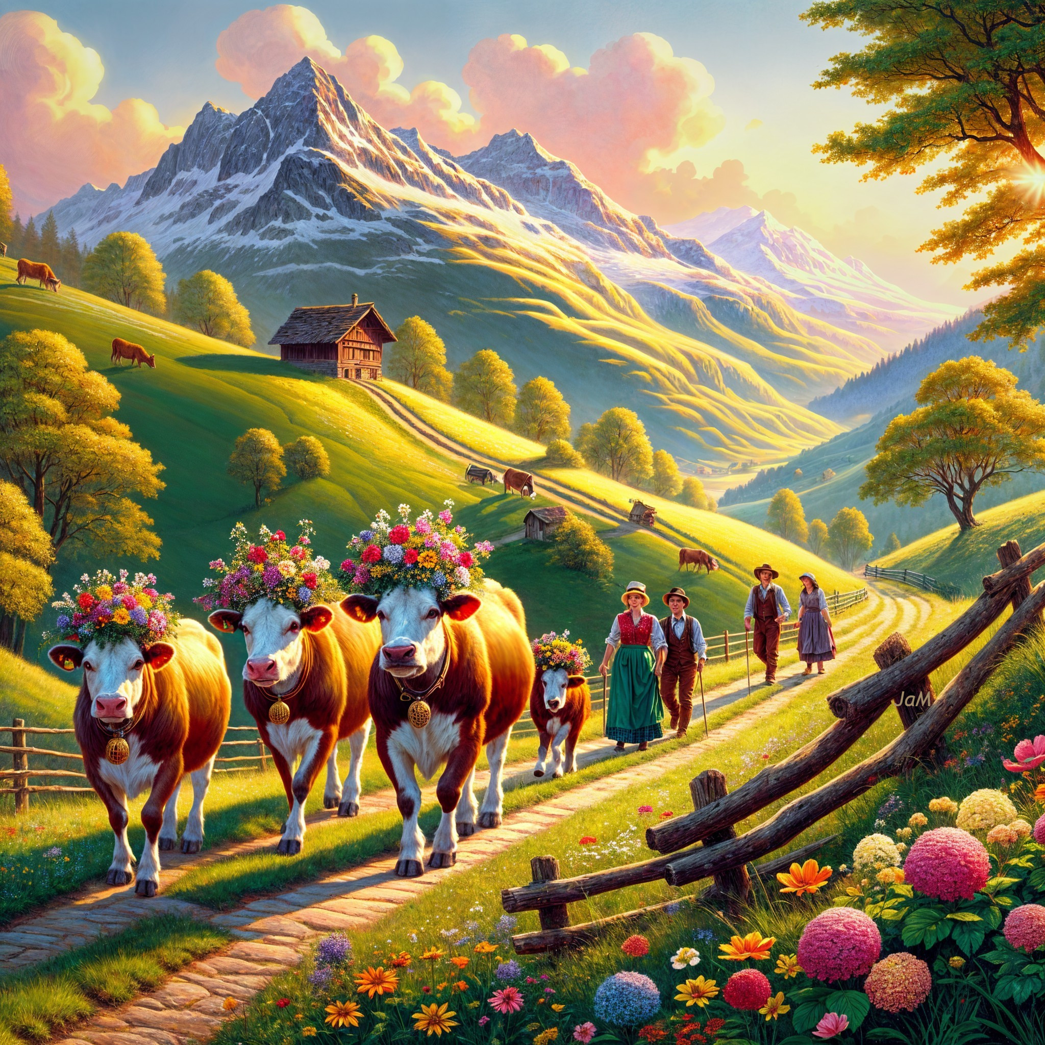 Alpine Landscape with Cows and Traditional Attire
