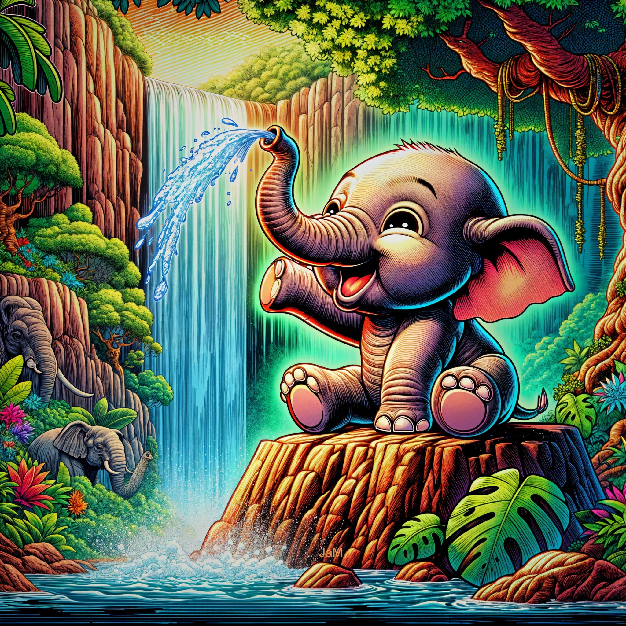 Baby elephant sprays water in a vibrant jungle scene