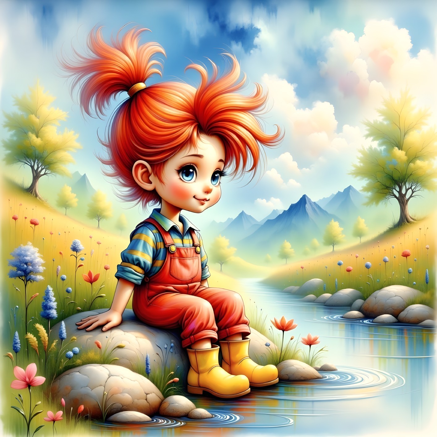 Anime-style girl with red hair by a calm river