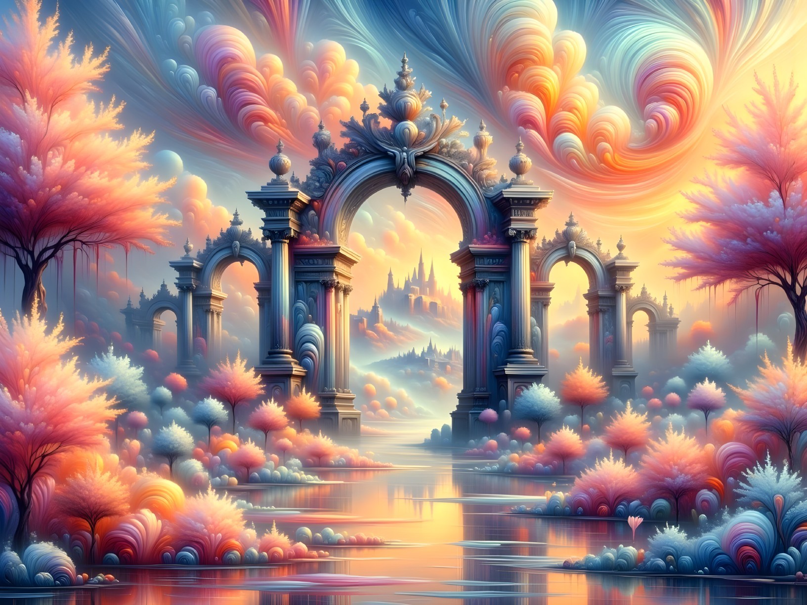 Fantastical Landscape with Vibrant Clouds and Water