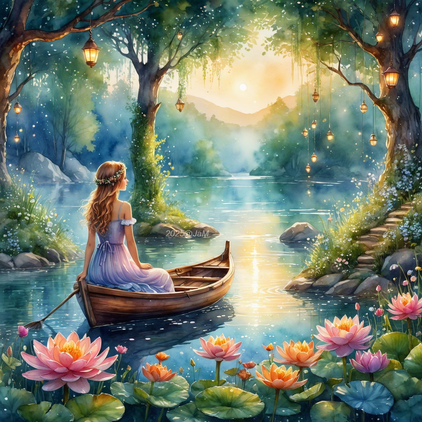 Young Woman in Boat on Tranquil Lake at Sunset