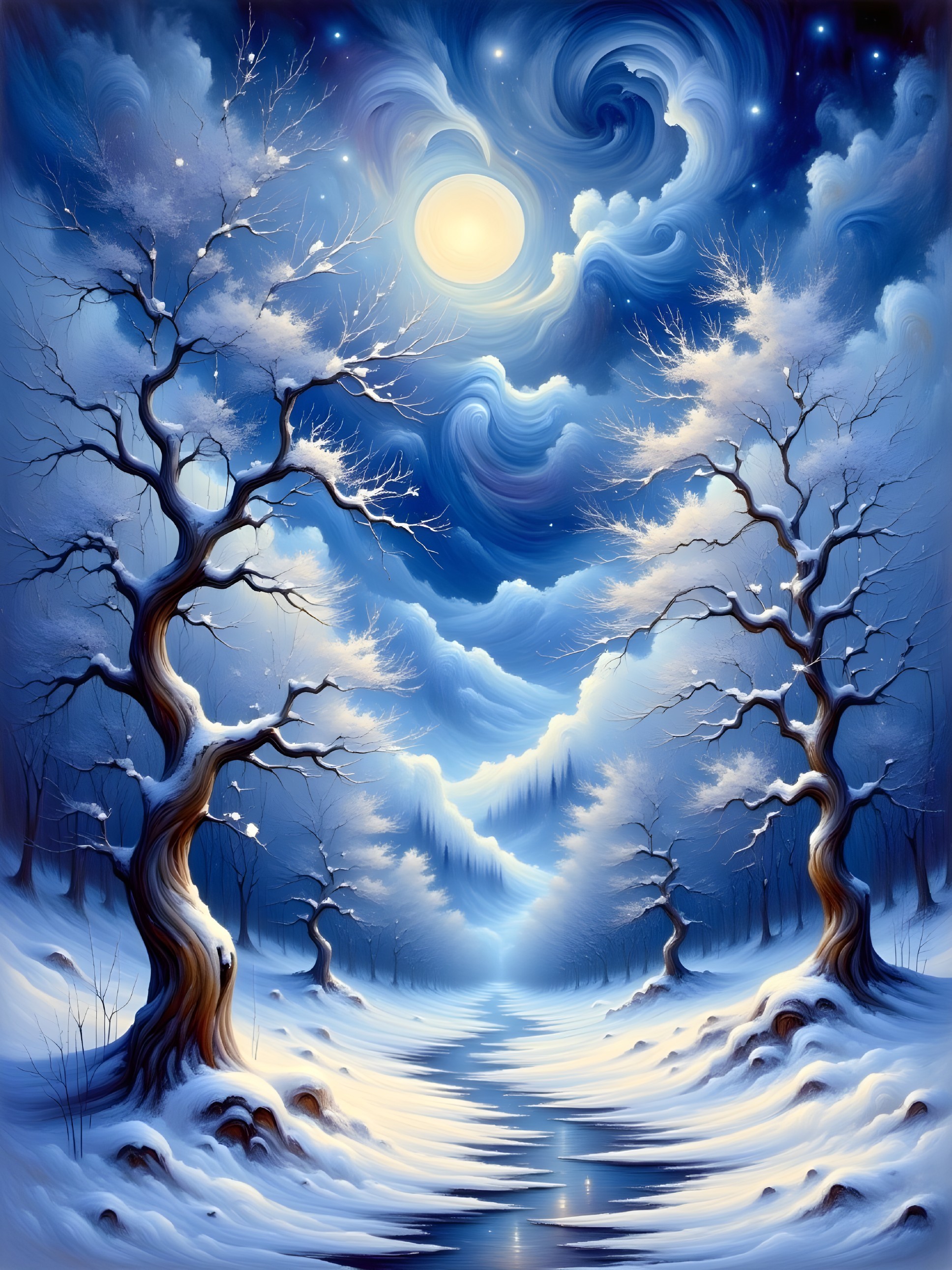 Winter Landscape with River and Moonlit Sky