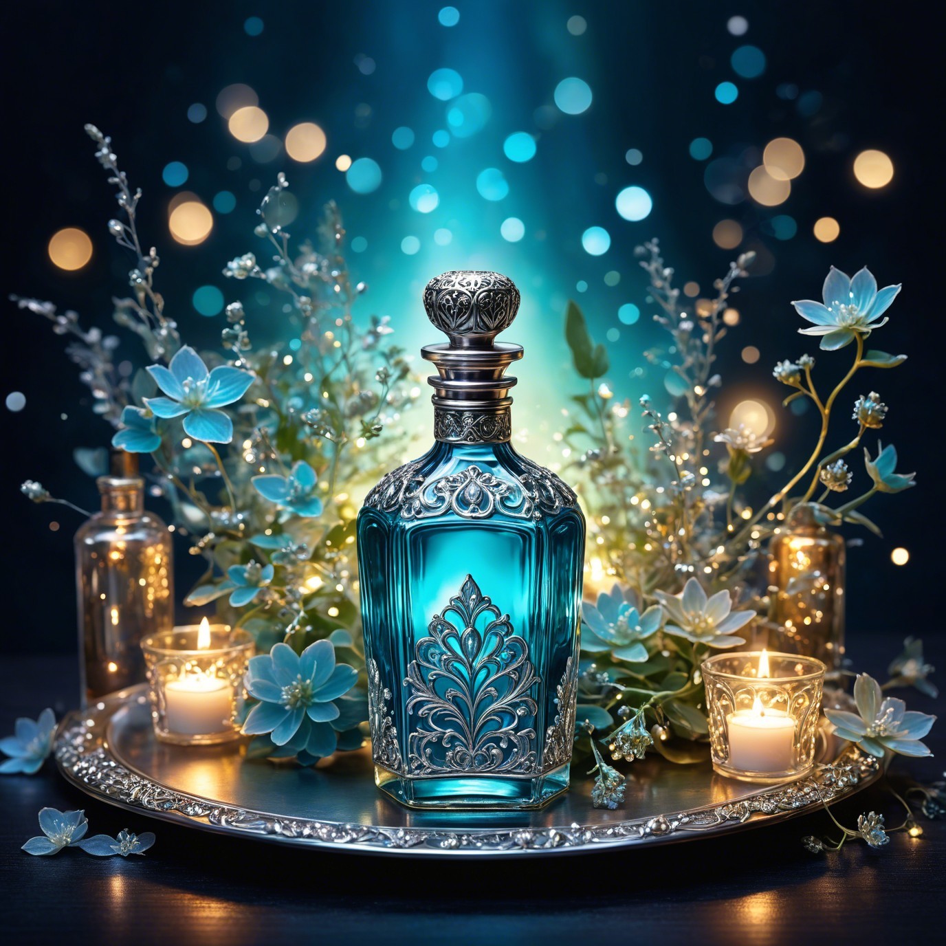Blue Glass Bottle with Silver Detailing and Decor