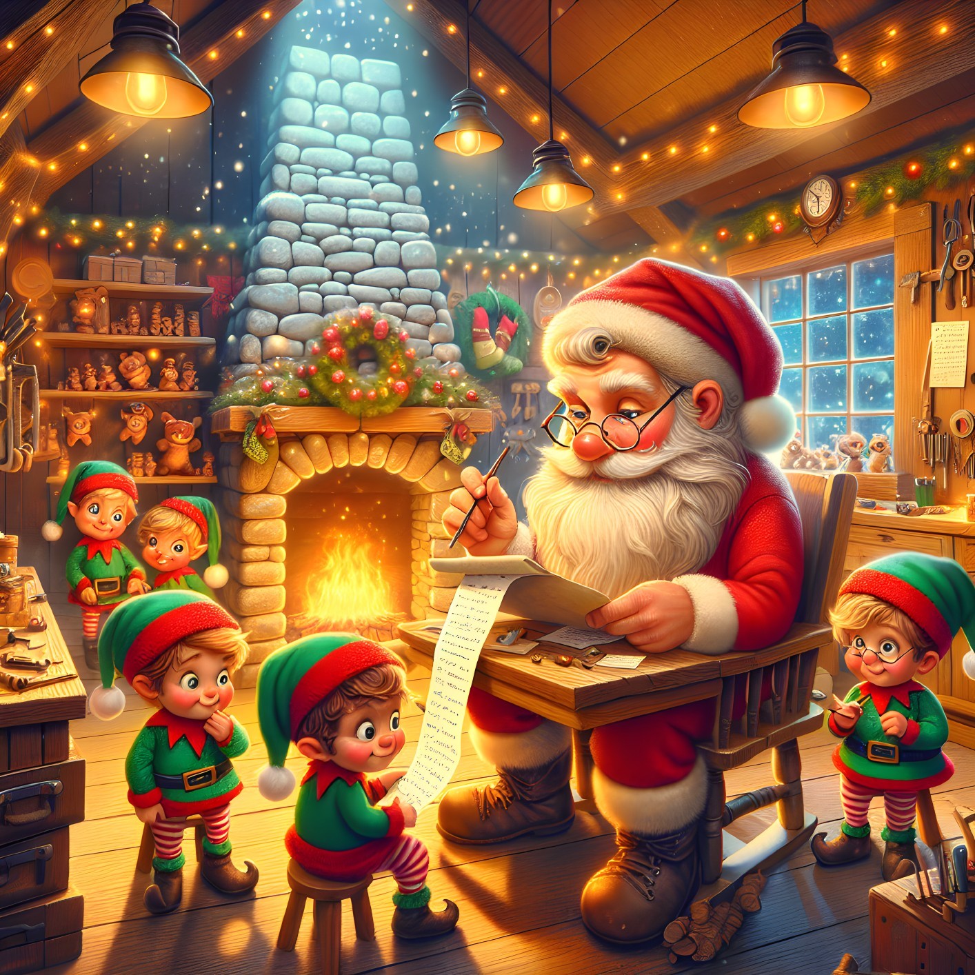 Santa Claus Checks List in Festive Workshop Setting