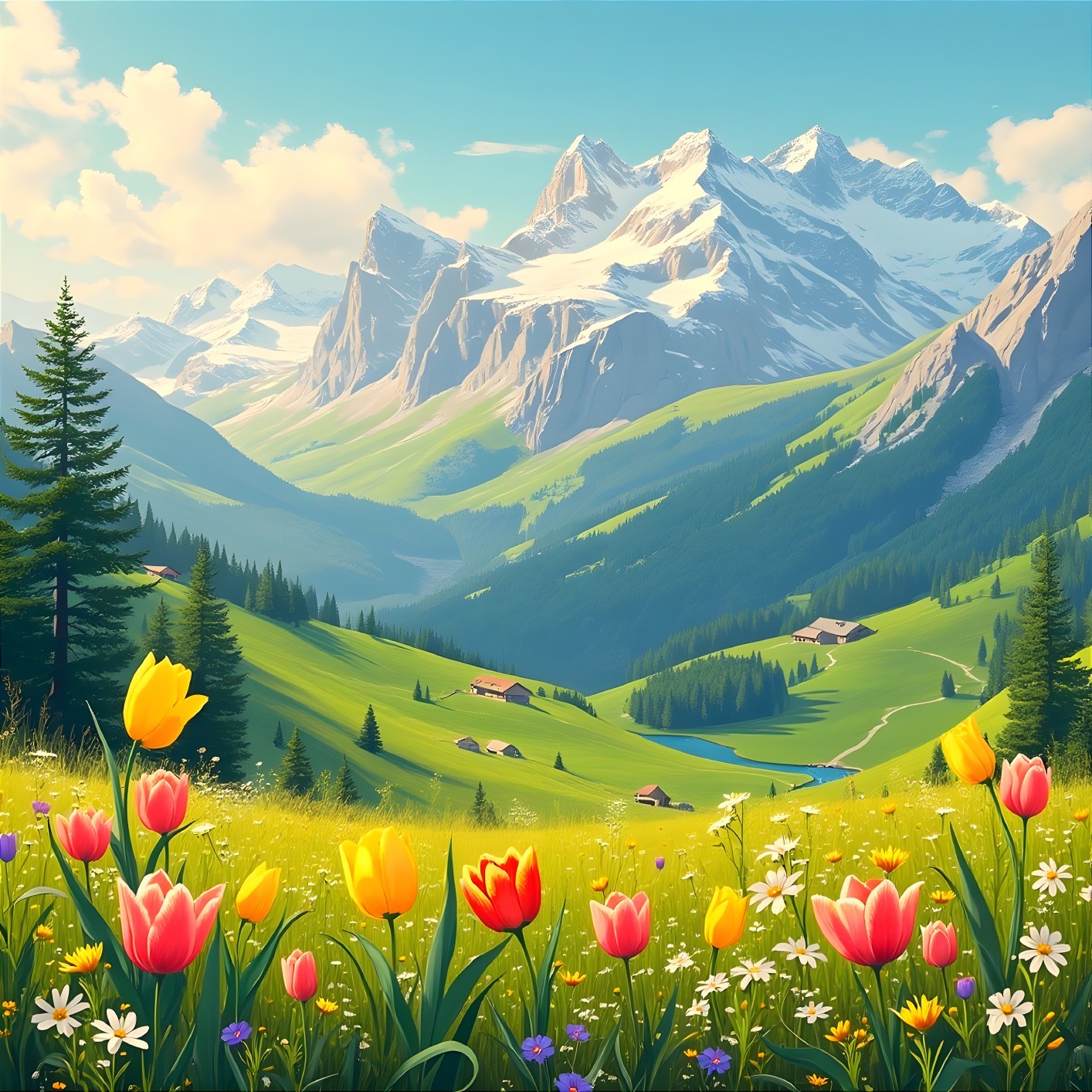 Vibrant Tulip Landscape with Snow-Capped Mountains