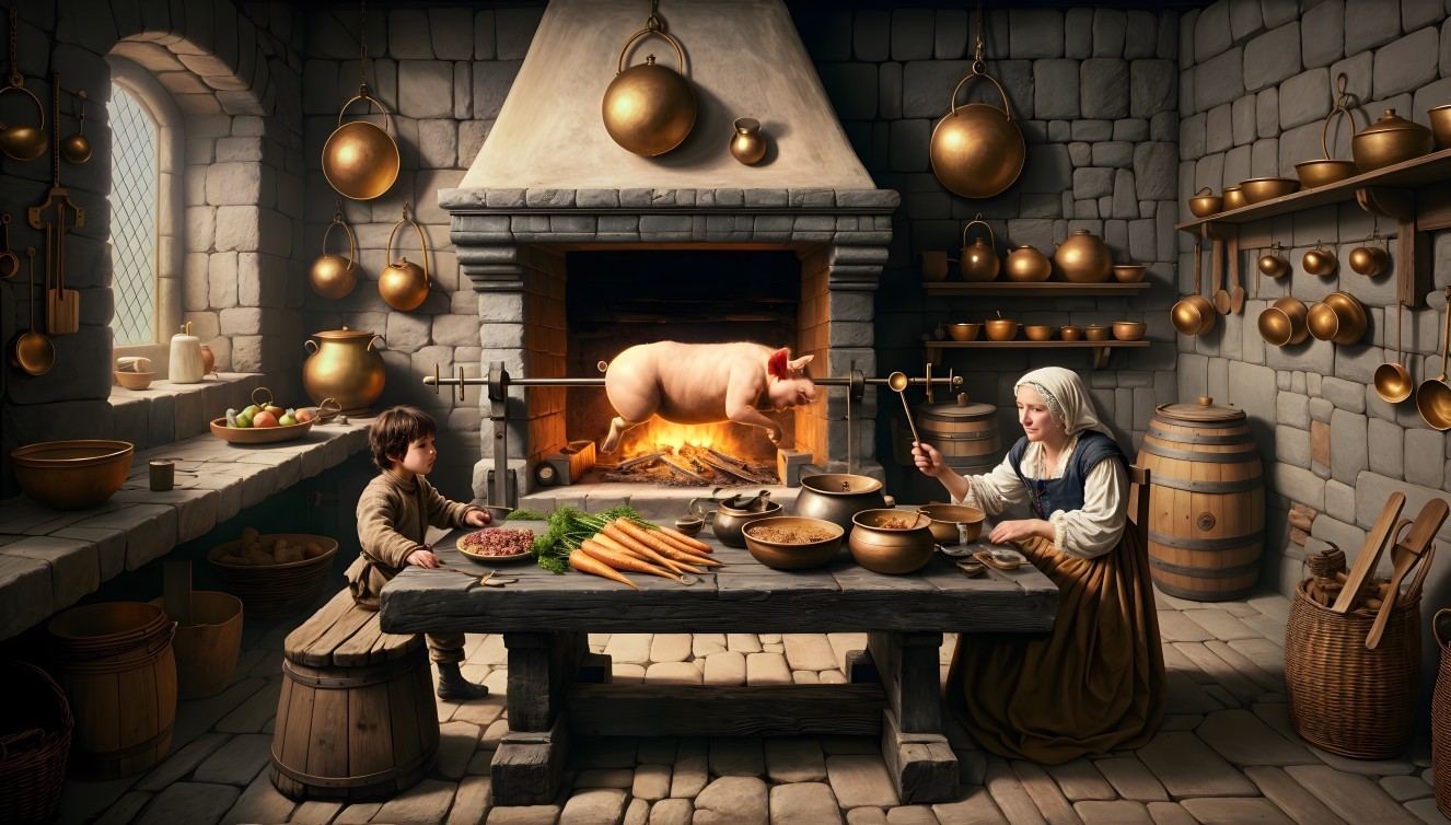 Rustic kitchen scene with cooking and warm ambiance