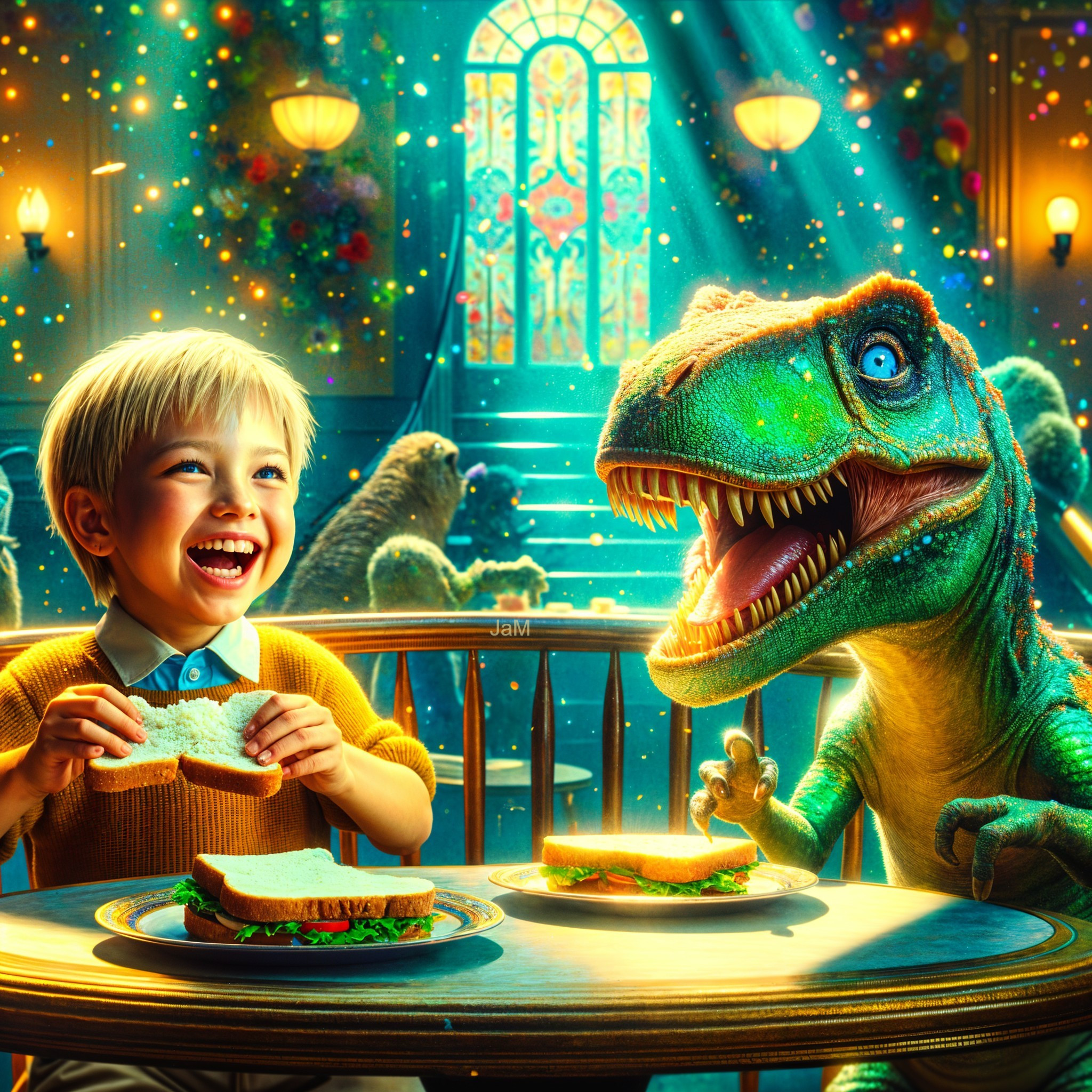 Young Boy and Dinosaur Share a Meal in Whimsical Setting
