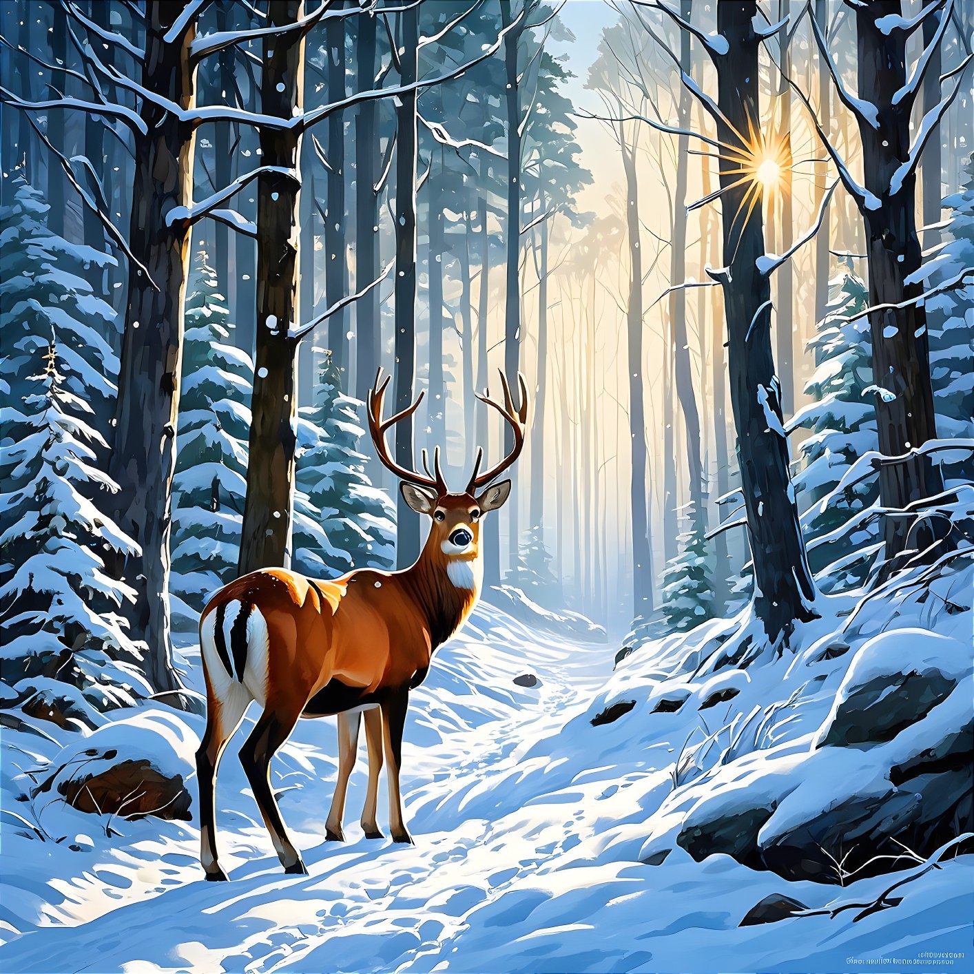 Majestic deer in a serene winter forest scene