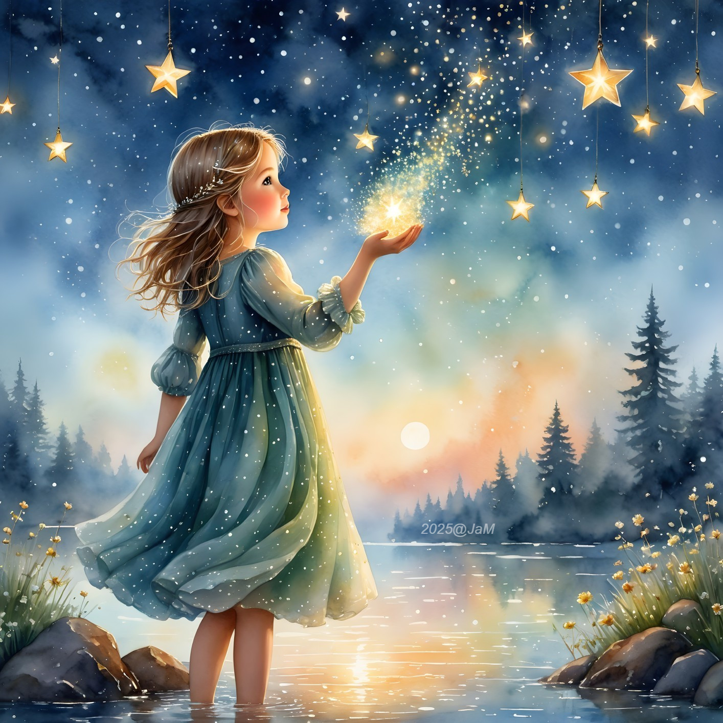 Young girl by lake at twilight with glowing orb