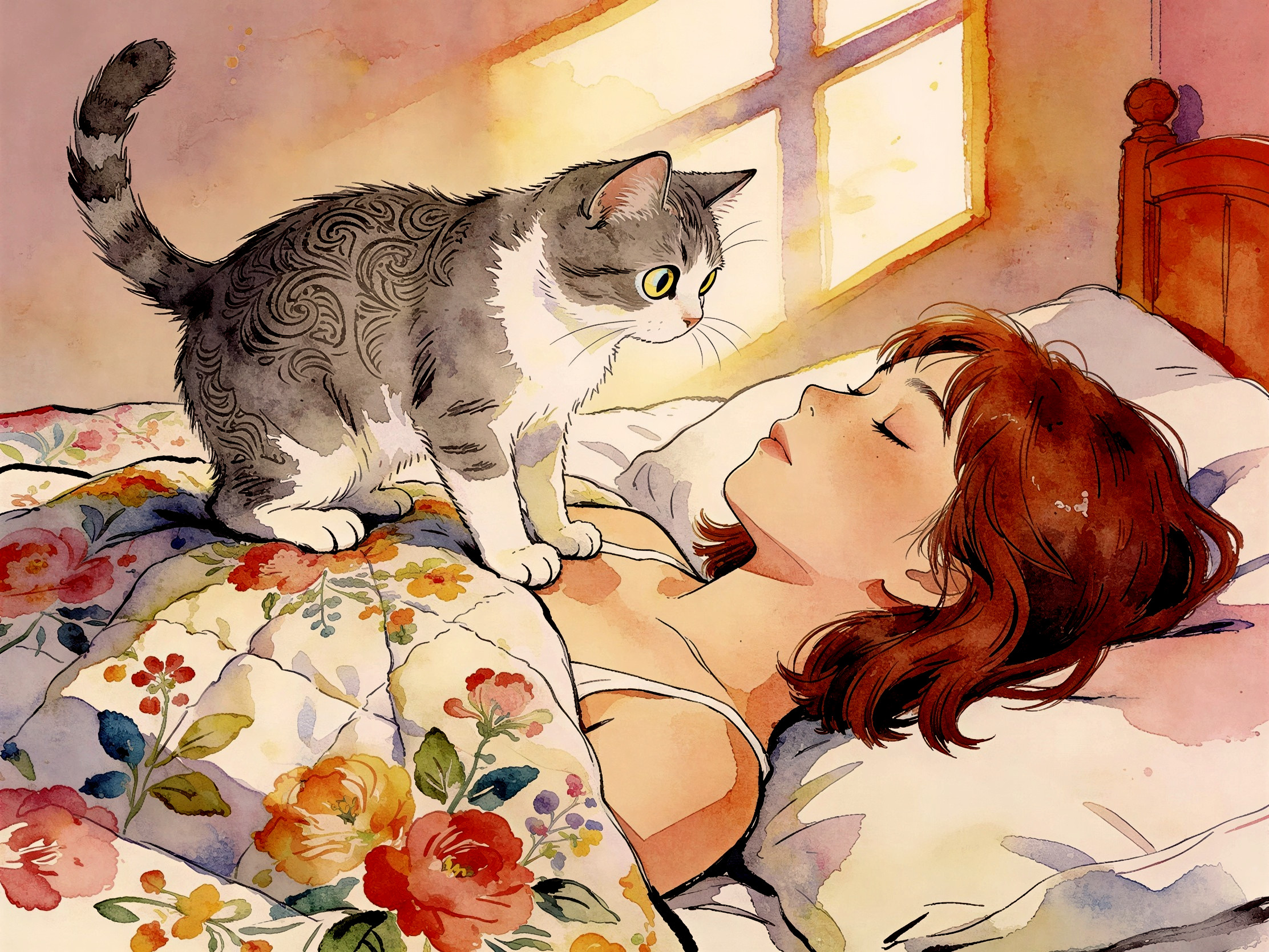 Anime Watercolor Painting of Girl and Cat Scene