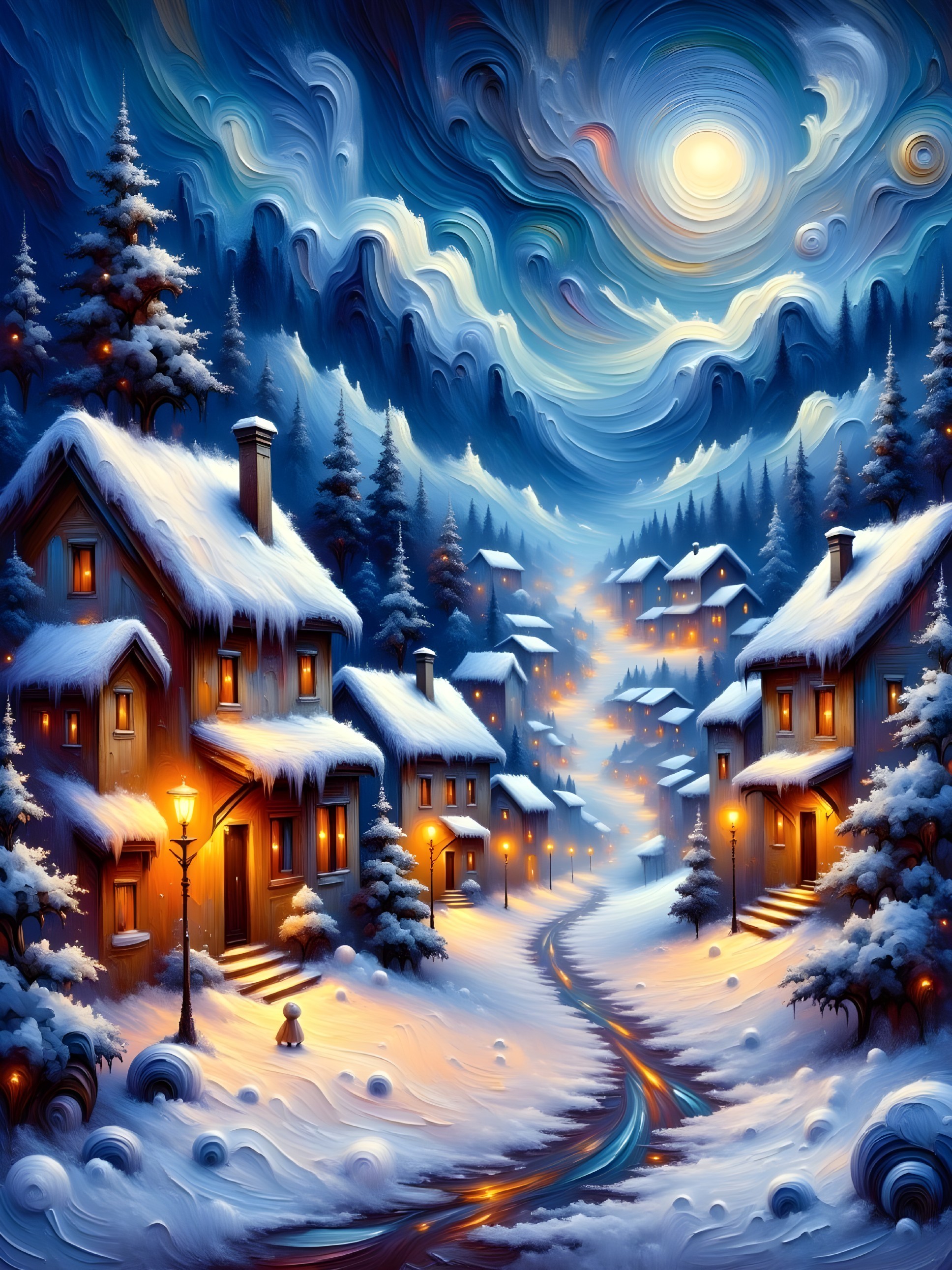 Winter Village Scene with Moonlit Cottages and Snow