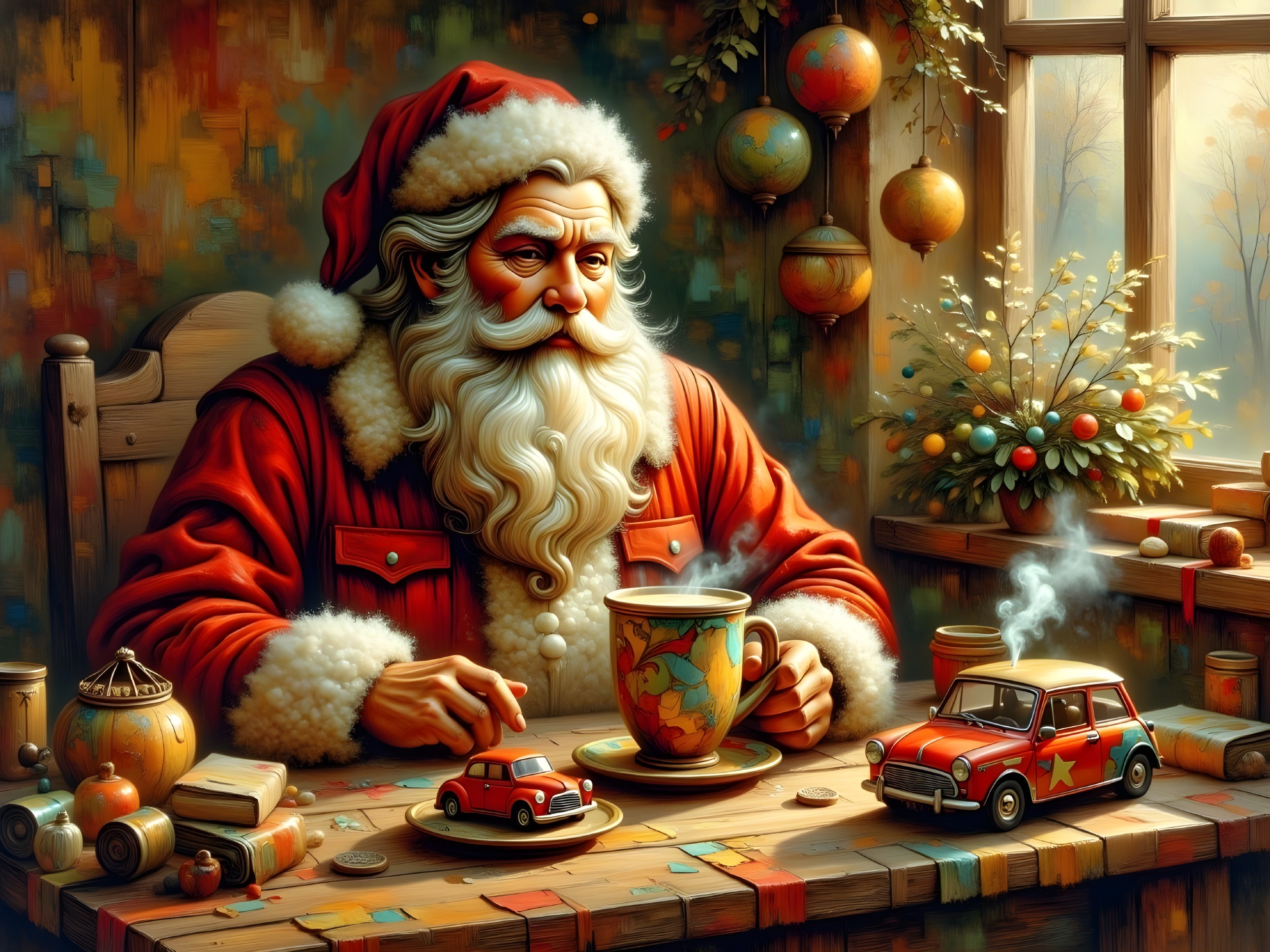 Santa Claus Enjoys Coffee in a Cozy Festive Room
