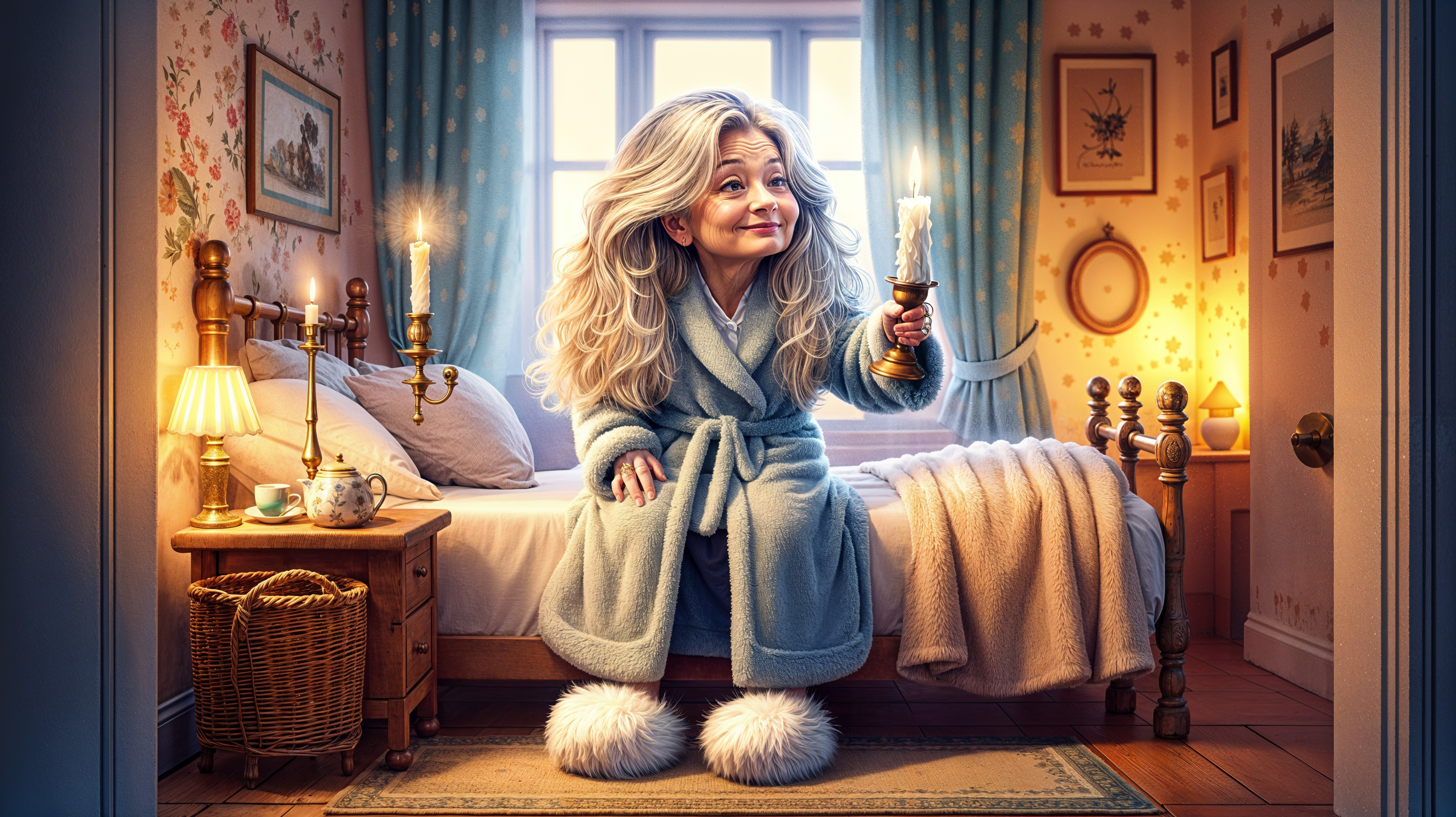Cheerful Woman in Cozy Bedroom with Warm Lighting
