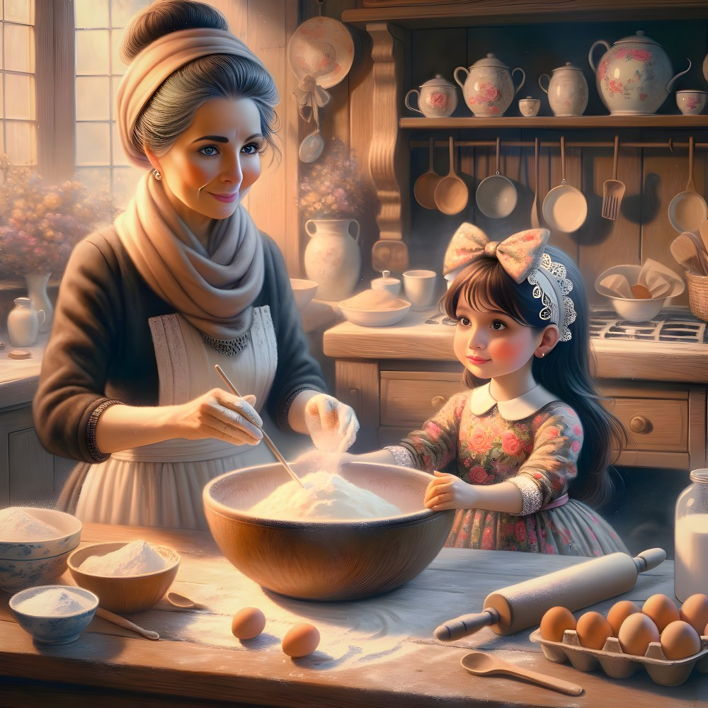 Elderly Woman and Girl Baking Together in Cozy Kitchen