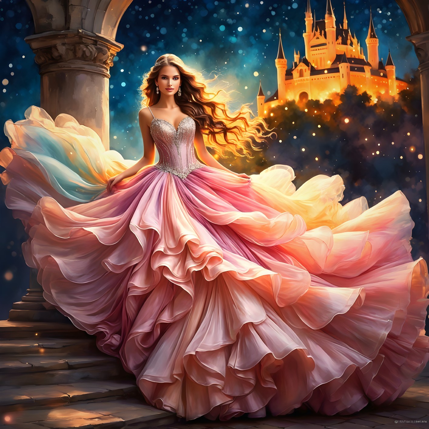 Young woman in layered pink gown by illuminated castle